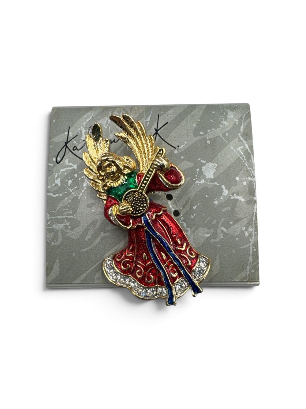 Vintage 1990s Katherine K Enamel Rhinestone Christmas Angel Banjo Brooch
